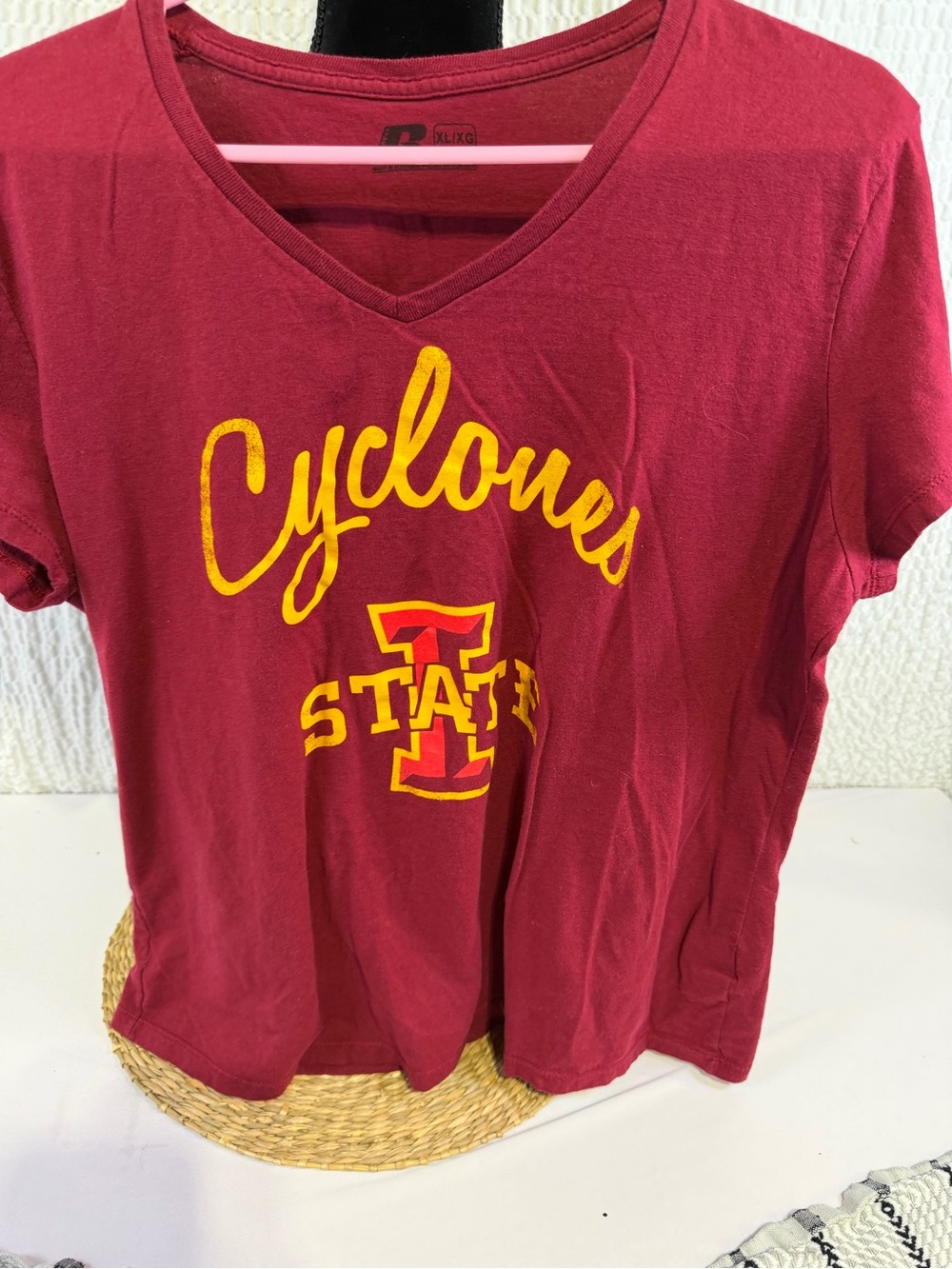 Russell Athletic Maroon V-Neck Cyclones Graphic Tee